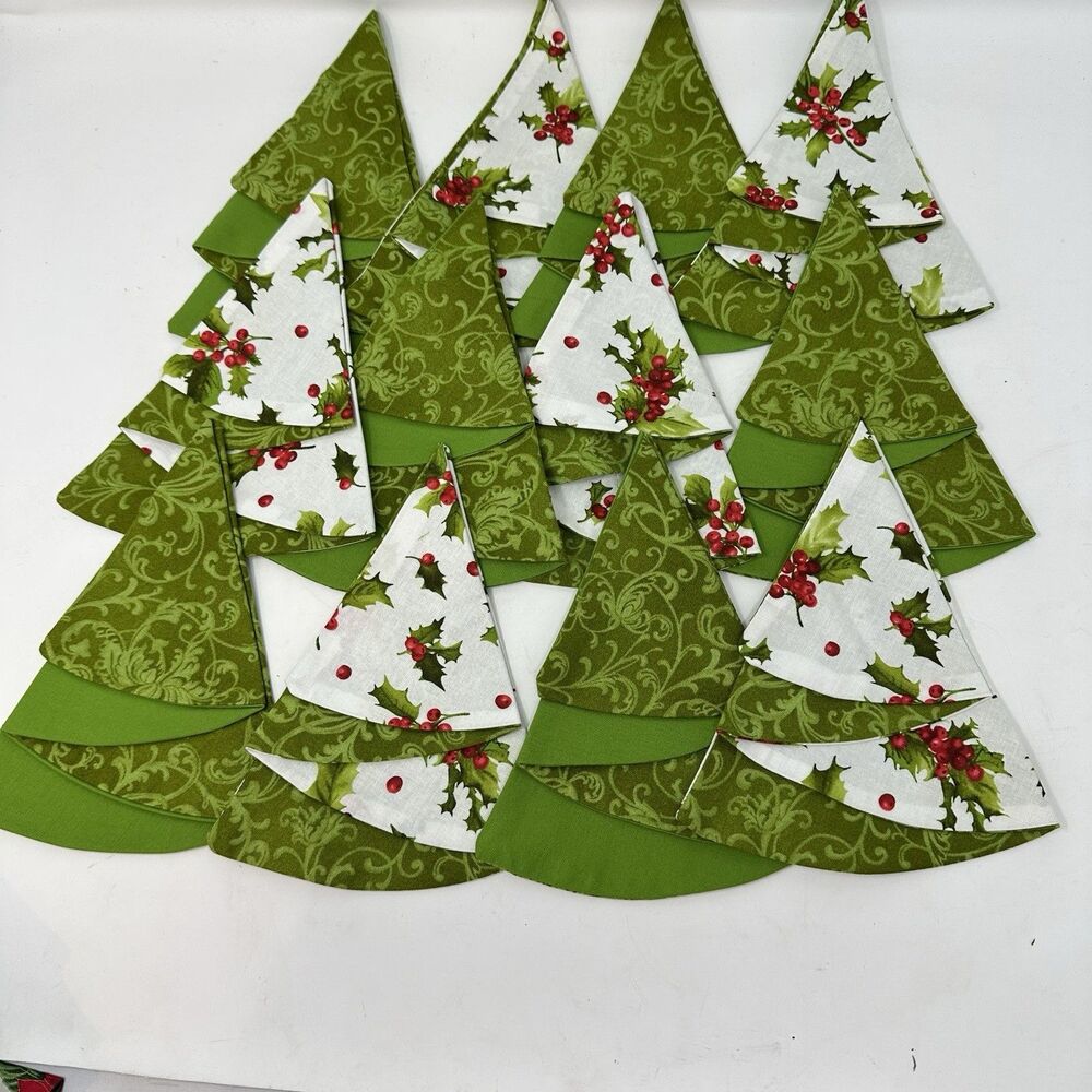 12 New Fabric Holiday Napkins Coordinate Green Damask & Holly Print Mix Handmade